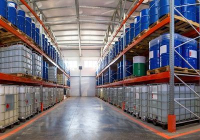 Warehouse,Hangar.,Multi-tier,Shelving.,Warehouse,With,Barrels.,Storage,Of,Fuels