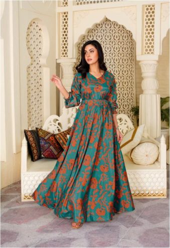 Sage: Teal Green Maxi With A Touch Of Rust Floral – 369 By Athena Apparels