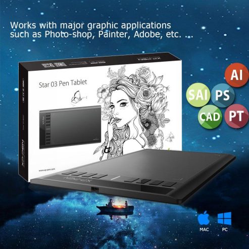 XP-PEN Star03 Drawing Tablet 12 inch with 8 Hot Keys, Battery-free Graphic Tablet Pens 10×6″ Work area for Art Design